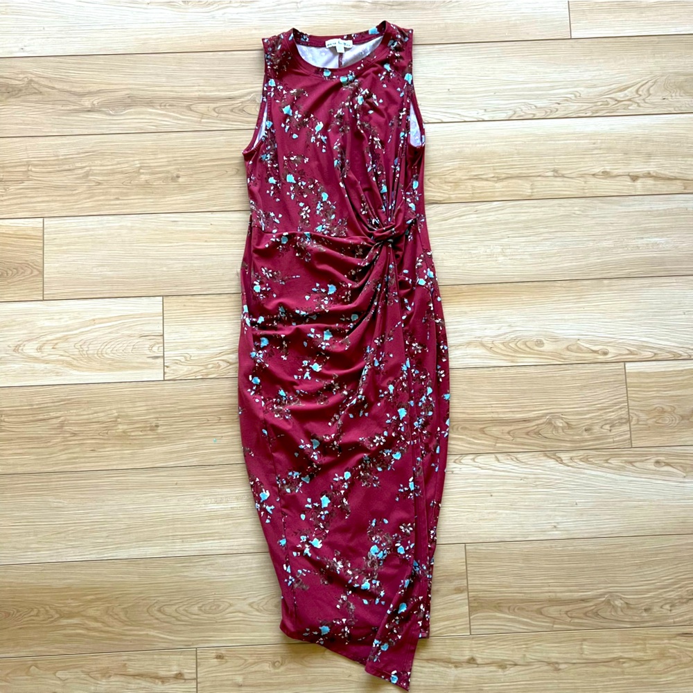 Asymmetrical gathered wrap dress in a soft jersey floral knit, midi length